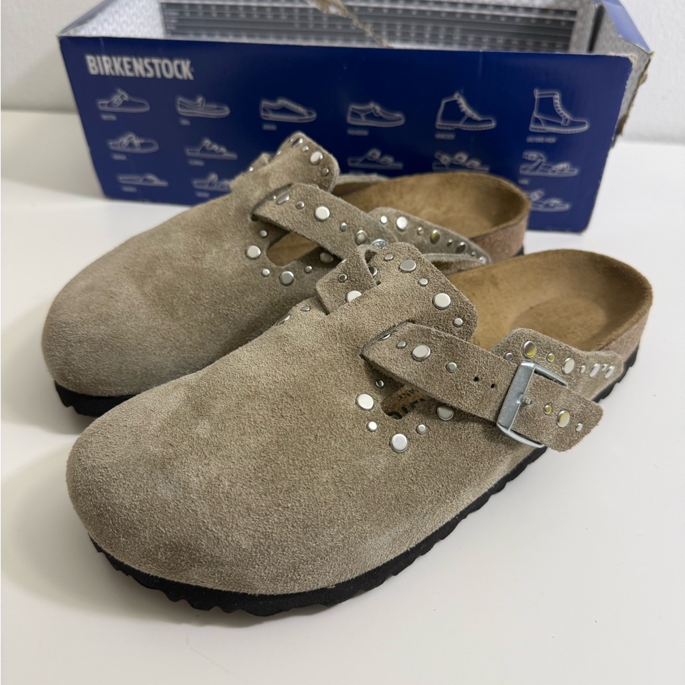 Birkenstock Beige Suede Clogs with Silver Studs - Picture 5 of 15